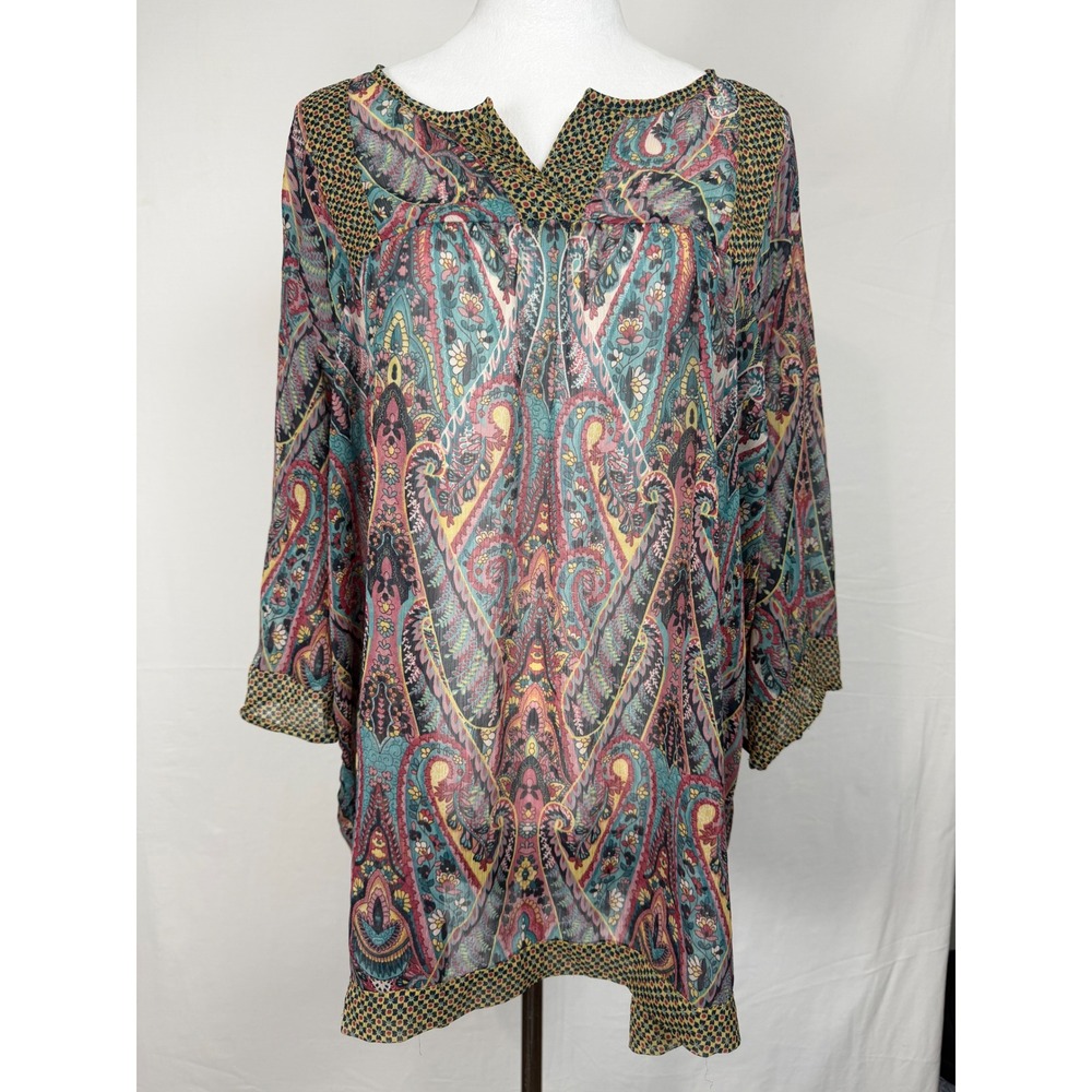 Maggie & Max Women's Blouse Tunic 2X Paisley Boho‎ Flowy Multi Color Sheer